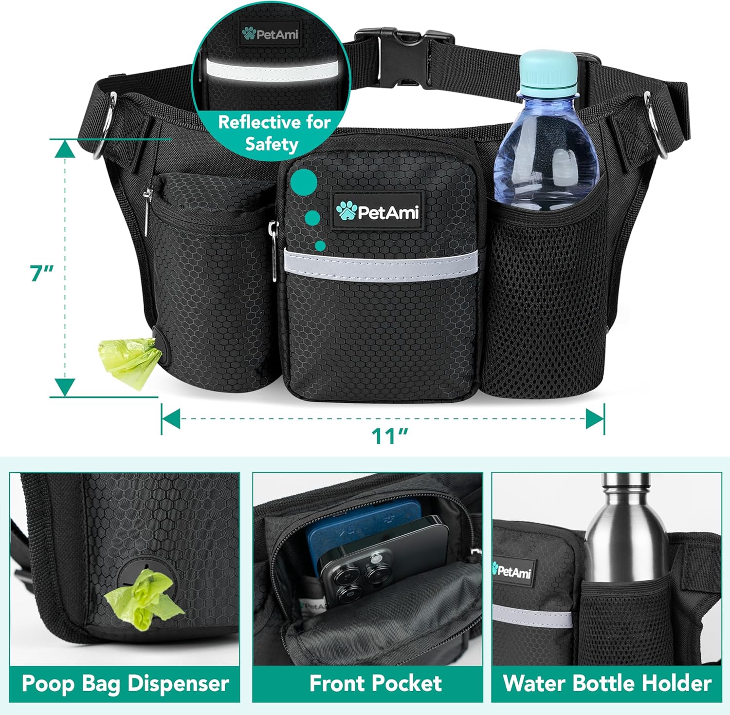 PetAmi Premium Hands Free Dog Leash for 2 Dogs, Adjustable Waist Belt Leash for Dog Walking, Fanny Pack Accessories Bag Dual Bungee Leash for Running, Hiking, Jogging, Biking, Black