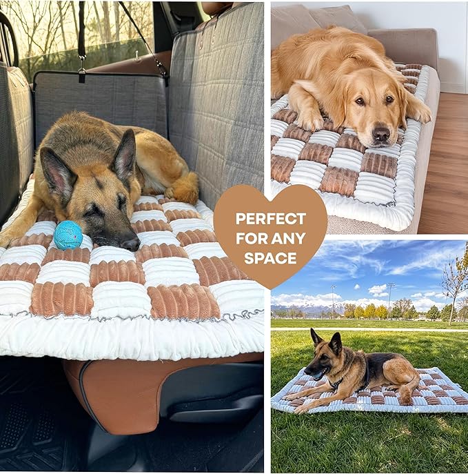 APetsPlanet Dog Bed for Car Back Seat Extender - Non-Slip Backseat Cushion for Dogs - Travel Plush Pet Mat Topper for Cars, Trucks, SUVs - Machine Washable Pad Blanket - Brown Plaid, 54" x 24.8"