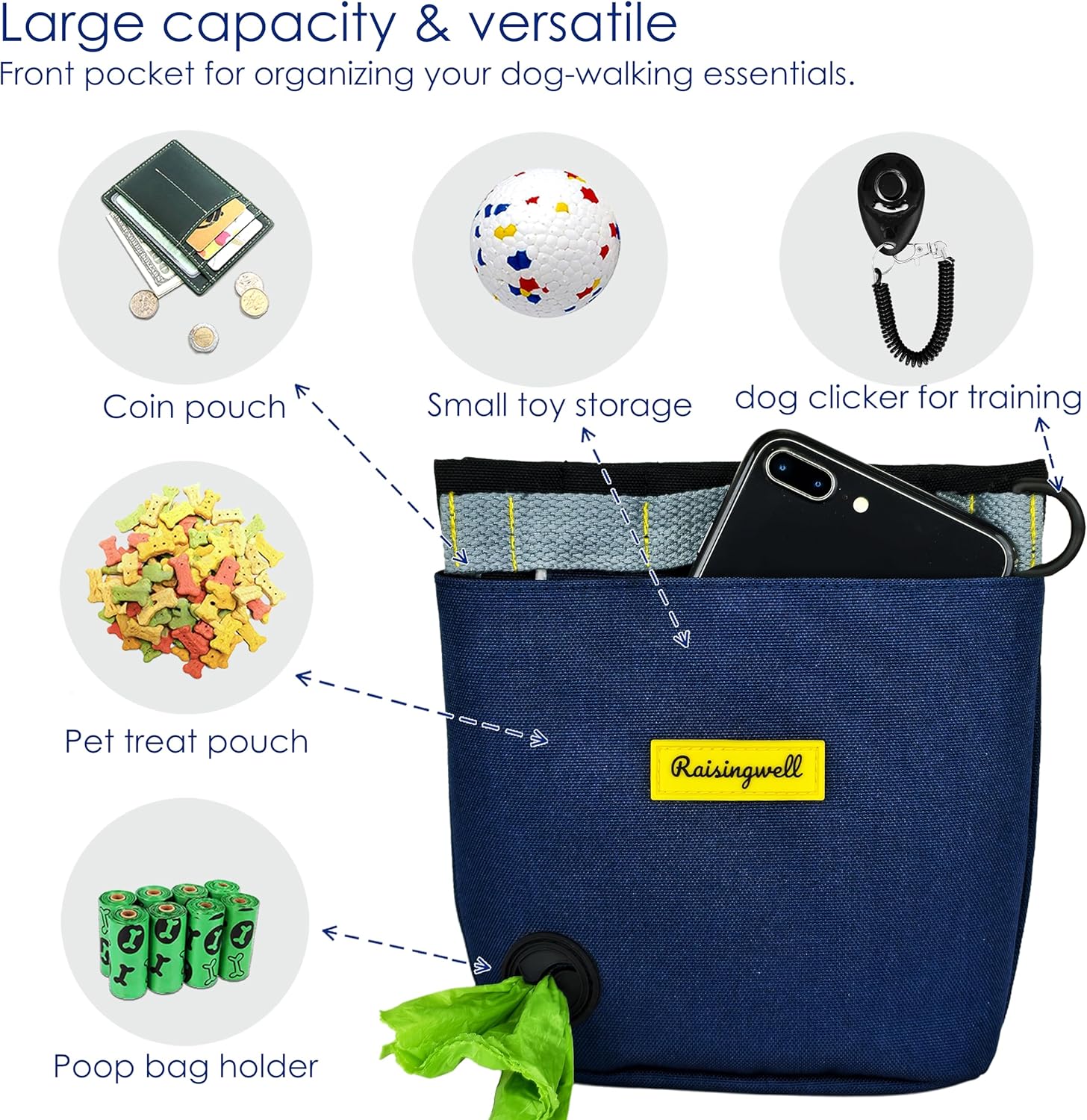 Dog Treat Pouch for Pet Walking and Training with Clicker 2 Cup Silicone Bag Small Fanny Pack Holder for Puppy Snack Dispenser Kit for Leash and Outdoor Use (Blue)