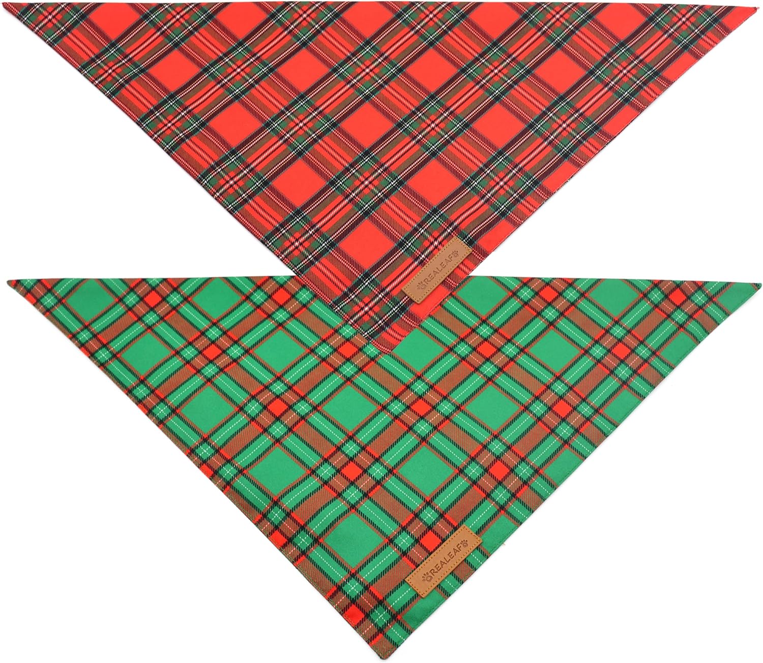 Realeaf Christmas Dog Bandanas 2 Pack, Reversible Red Green Plaid Dog Scarf, Xmas Pet Bandana for Boy and Girl, Premium Durable Fabric, Holiday Check Bandana for Small and Medium Dogs Pets (Small)
