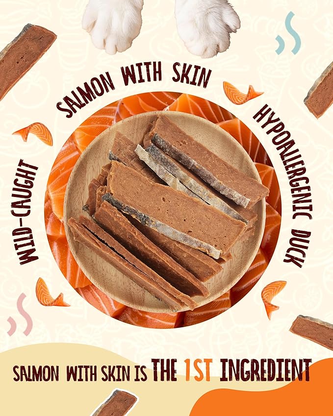 PAWUP Salmon Dog Treats with Duck, Smoked Salmon Fillet Jerky for Dogs, High-Protein Low-Fat Snacks with Omega 3–6 & Taurine for Skin and Heart Health, 12.5 oz (15-20 Count)