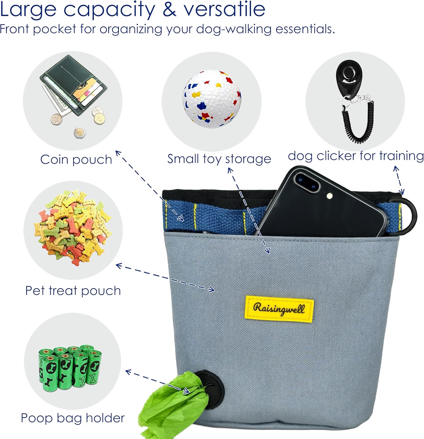 Dog Treat Pouch for Pet Walking and Training with Clicker 2 Cup Silicone Bag Small Fanny Pack Holder for Puppy Snack Dispenser Kit for Leash and Outdoor Use (Gray)