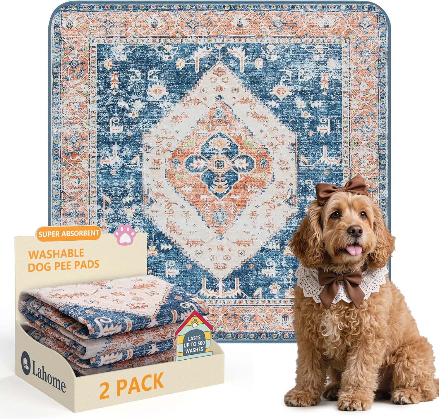 Lahome Super Absorbent & Leakproof Washable Dog Pee Pads - 2 Pack Value Set - Waterproof, Non-Slip Reusable Pads for Puppy Training, Crates & Whelping (24"x24", Beige Blue)