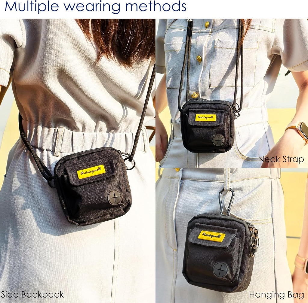 Dog Treat Pouch for Pet Walking and Training with Clicker, Poop Bags, and Three Bags Design Small Fanny Zipper Pack Holder for Puppy Snack Dispenser Kit for Leash and Outdoor Use (Black)