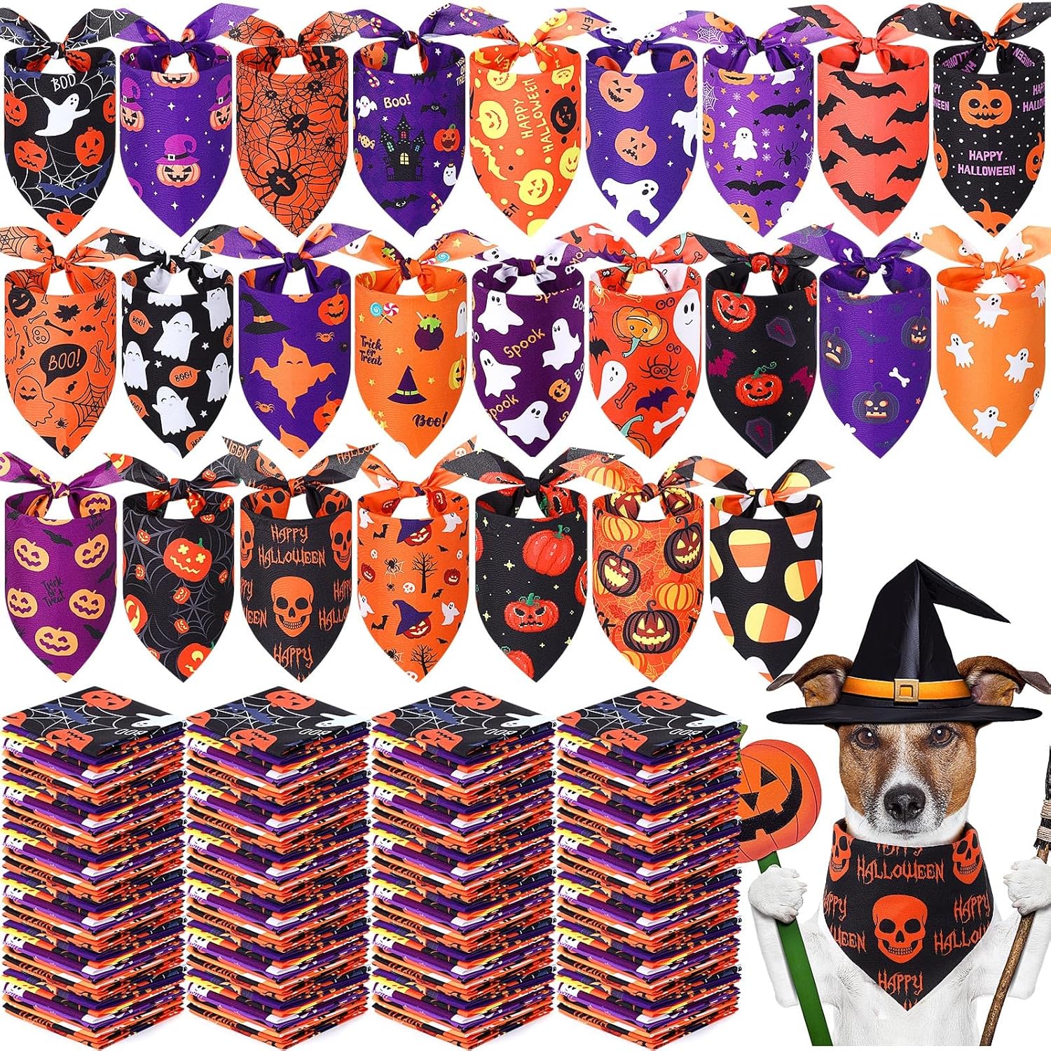 Abbylike 200 Pcs Halloween Dog Bandanas Bulk Pumpkin Bandanas for Dogs Pets Triangle Kerchief Bibs Scarf for Halloween Costume Photo Props Accessories Pet Shops Adoption Events Groomers, 25 Styles