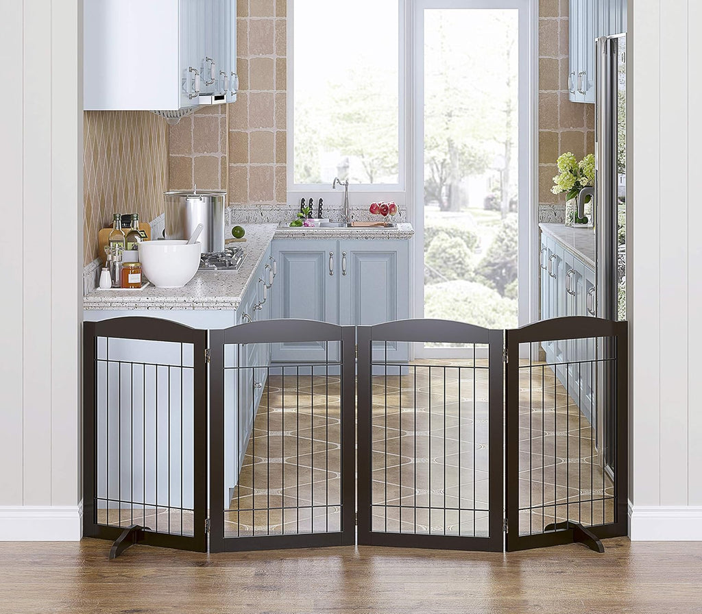Spirich Freestanding Wire Pet Gate for Dogs, 30 inches Tall Dog Gate for The Houes, Doorway, Stairs, Pet Puppy Safety Fence,Set of Support Feet Included (Espresso, 4 Panels) ASIN: B07T8Z8NKL