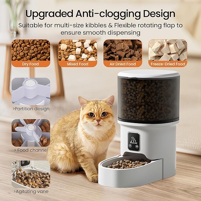 Automatic Cat Feeders - Timed Pet Feeder for Cats and Dogs with Dry Food Dispenser, APP Control Smart, 4L Grain Storage Bucket, Dual Power Supply, Programmable Portion Control (Black Visible)