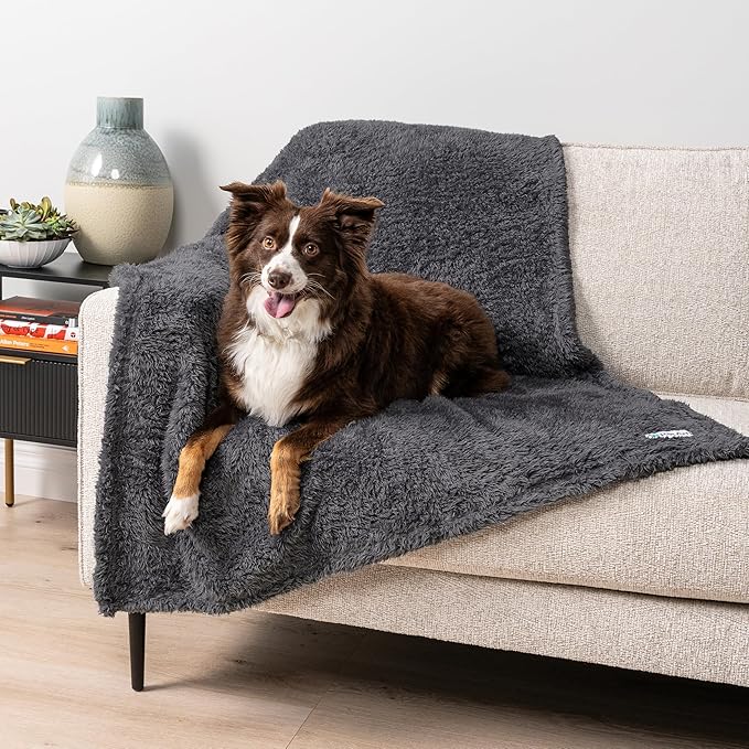 PetAmi Fluffy Waterproof Dog Blanket for Medium Large Dogs, Soft Warm Pet Sherpa Throw Pee Proof Couch Cover, Reversible Cat Bed Blanket Sofa Protector, Plush Washable Pad (Gray, 29x40)