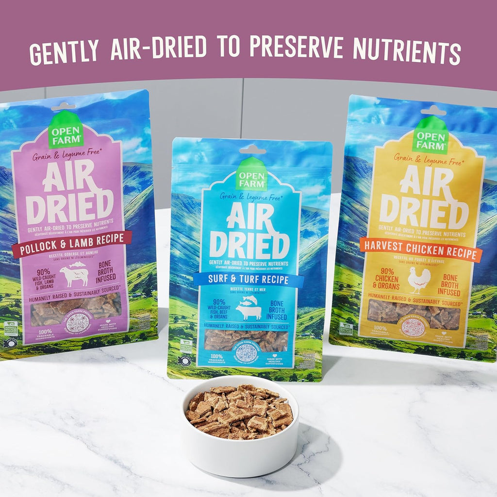 Open Farm, Air Dried Dog Food Infused with Bone Broth, Grain & Legume Free, Complete Meal or Food Topper, Pollock & Lamb Recipe, 1lb Bag
