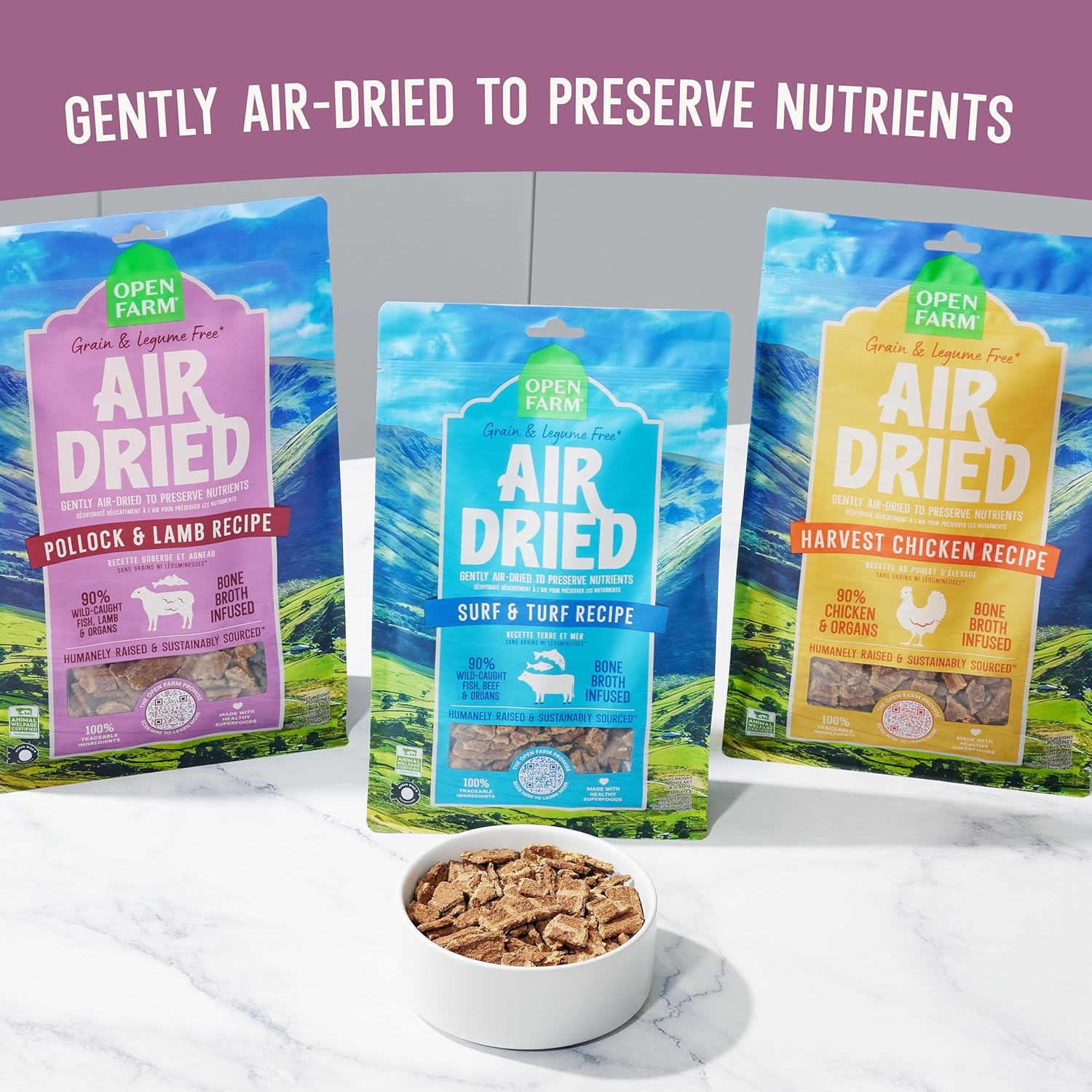 Open Farm, Air Dried Dog Food Infused with Bone Broth, Grain & Legume Free, Complete Meal or Food Topper, Pollock & Lamb Recipe, 1lb Bag