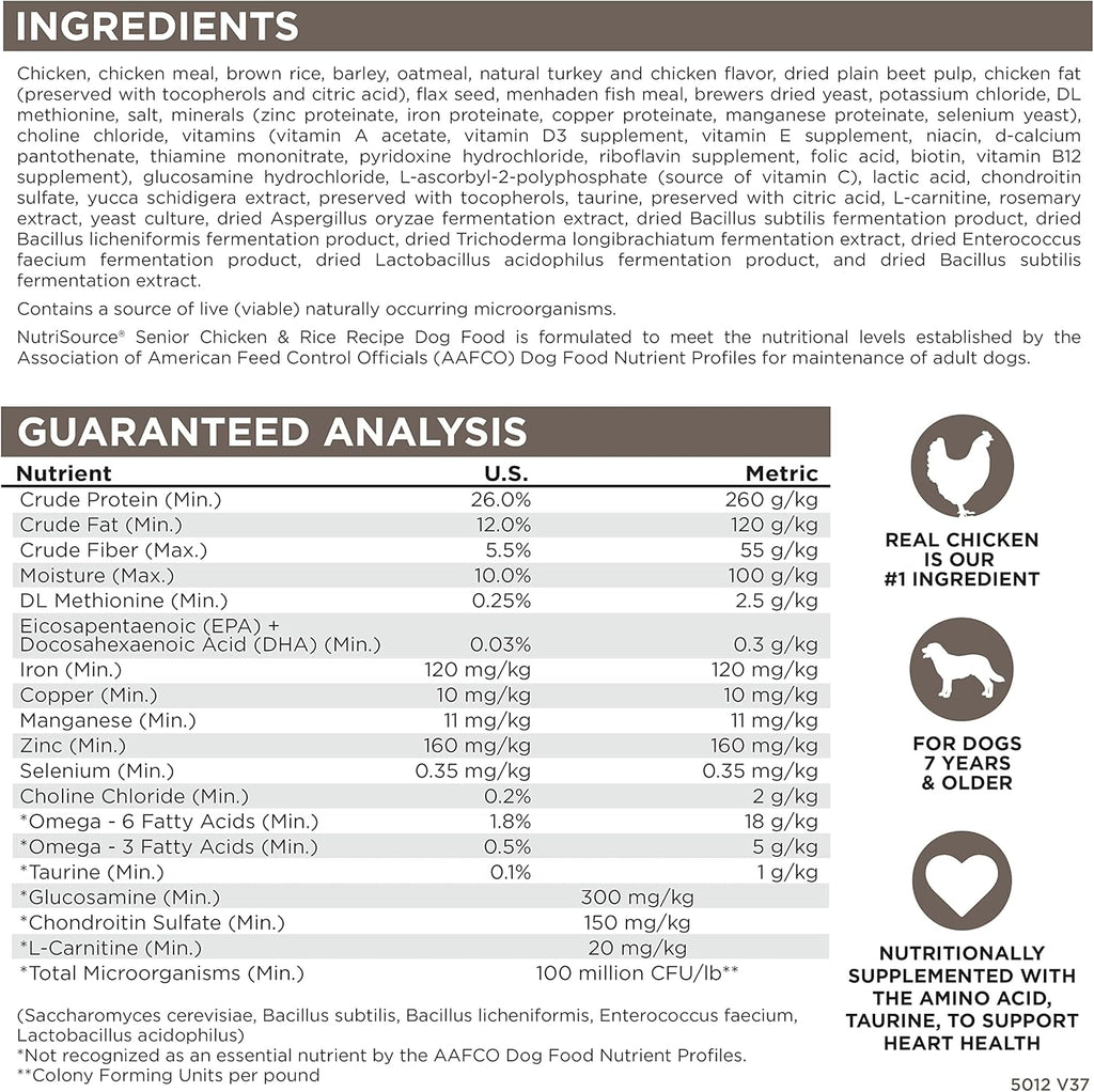 NutriSource Dry Dog Food for Seniors, Chicken and Rice, 26LB