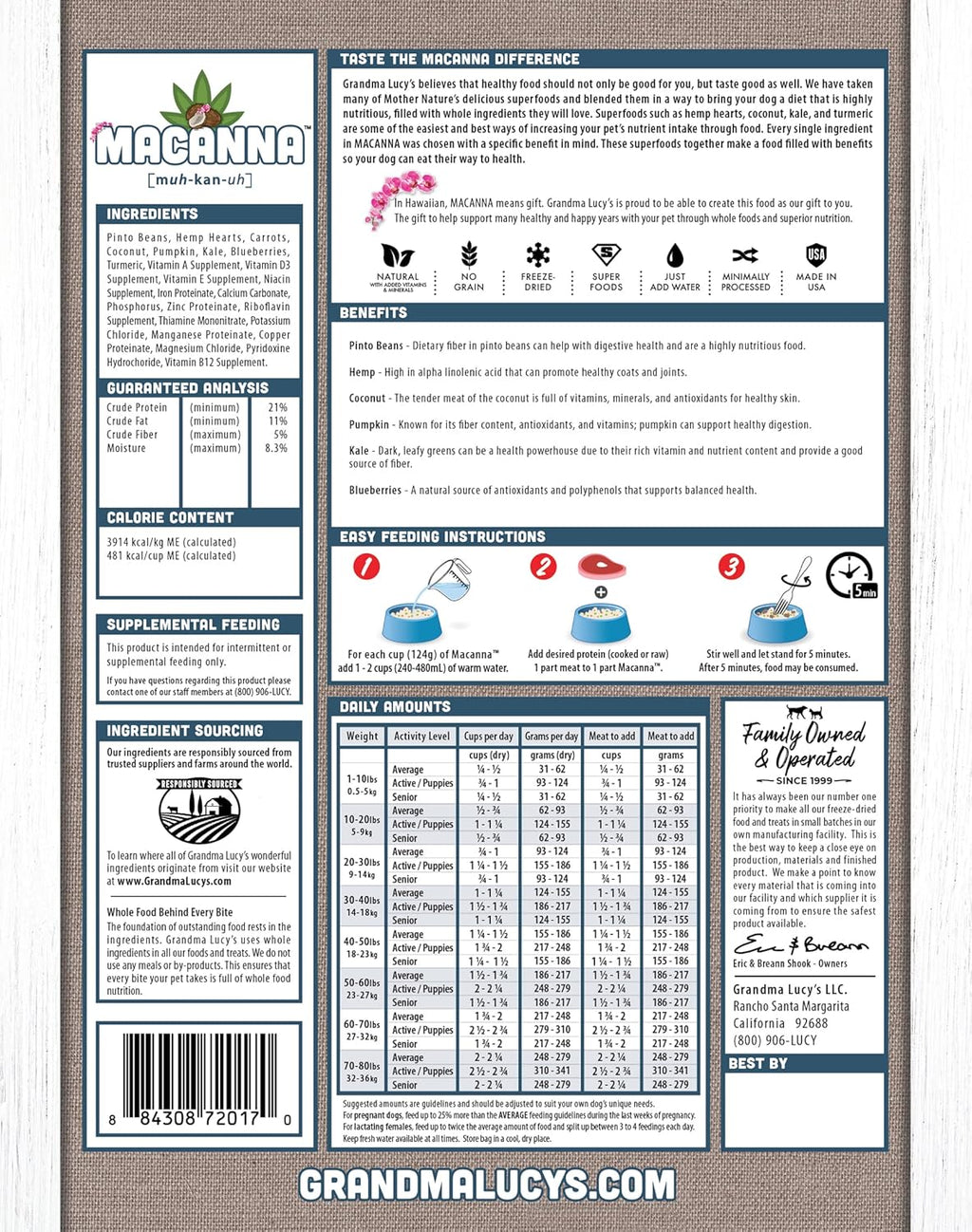 Grandma Lucy's Macanna Dog Food, Grain Free and Freeze-Dried - Pre-Mix, 3Lb Bag