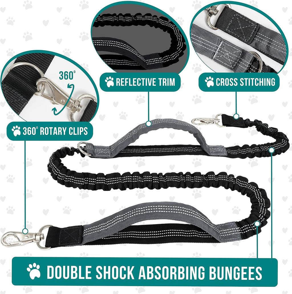 PetAmi Hands Free Dog Leash, Dog Running Leash Belt for Walking Jogging, Dog Waist Zipper Pouch Fanny Pack with Poop Bag Dispenser, Dual Padded Handle Bungee Leash for Small Medium Large Dogs, Double