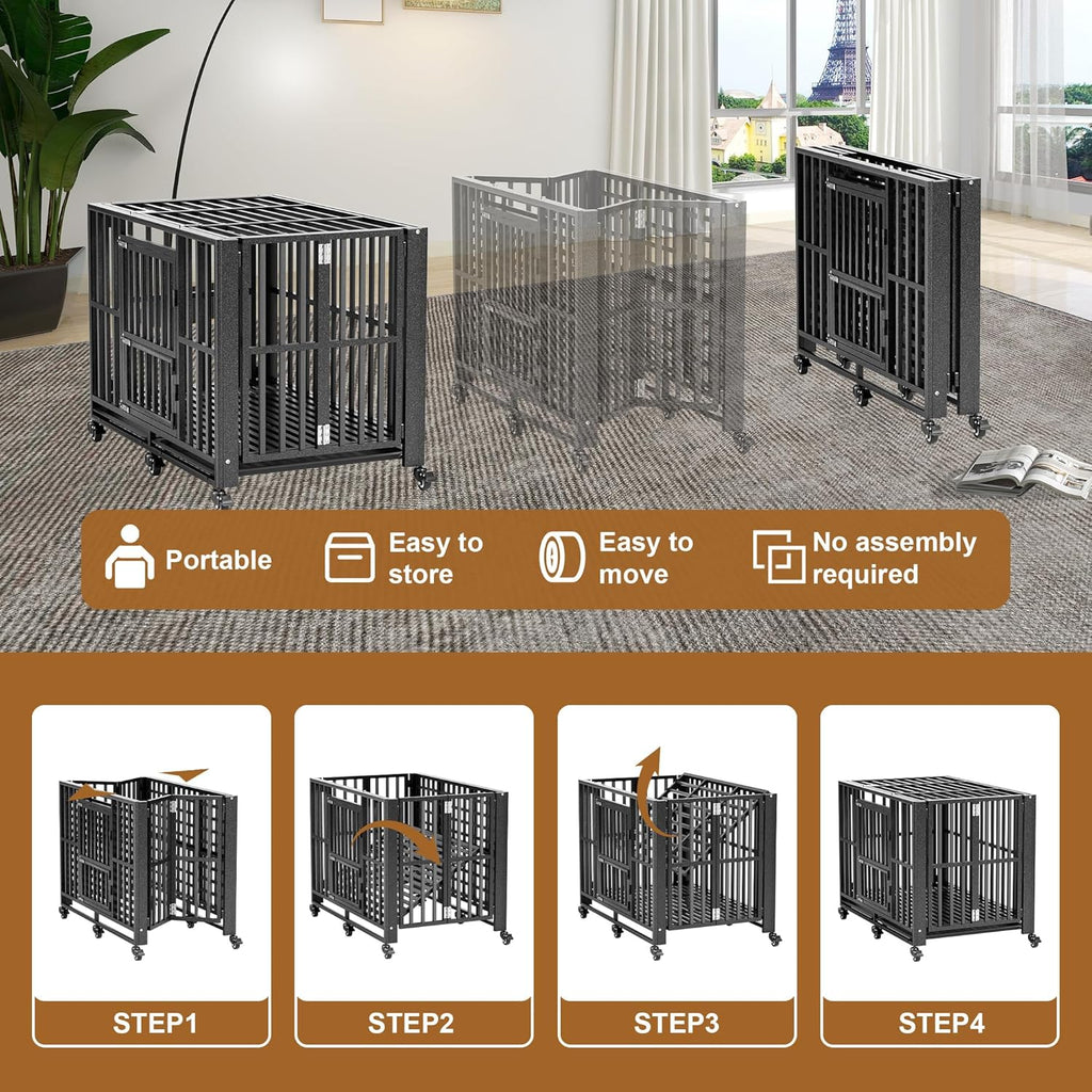 Polar Aurora Heavy Duty Dog Crate, Foldable Indestructible Dog Kennel, Escape Proof Extra Large Dog Cage with Lockable Wheels, High Anxiety Pet Playpen with Double Door for Indoor/Outdoor Use. (60in)