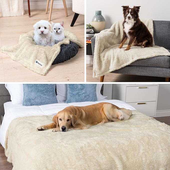 PetAmi Fluffy Waterproof Dog Blanket for Medium Large Dogs, Soft Warm Pet Sherpa Throw Pee Proof Couch Cover, Reversible Cat Bed Blanket Sofa Protector, Plush Washable Pad (Beige Cream, 40x60)