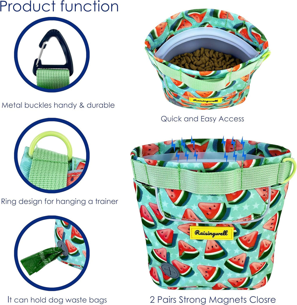 Dog Treat Pouch for Pet Walking and Training with Clicker 2 Cup Silicone Bag Small Fanny Pack Holder for Puppy Snack Dispenser Kit for Leash and Outdoor Use (Watermelon)