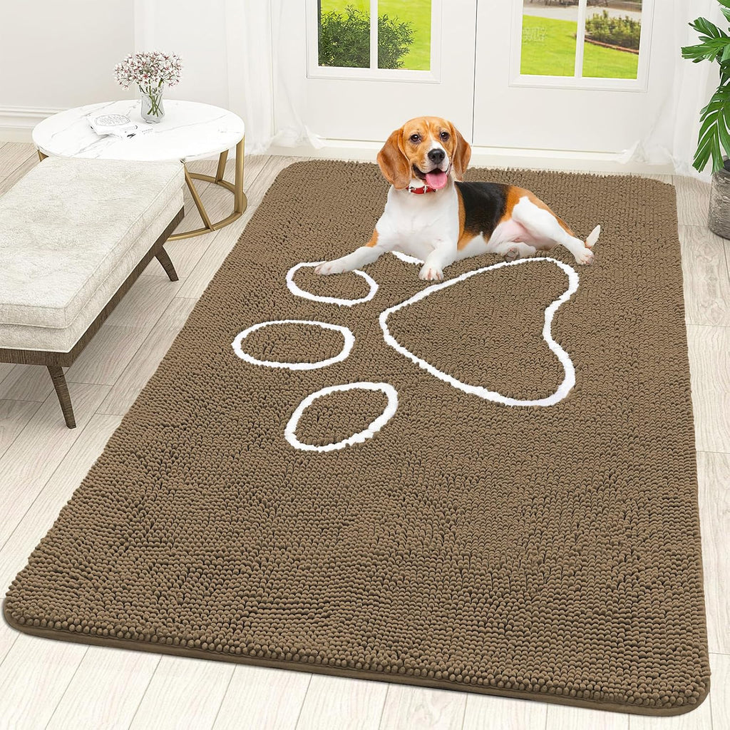 OLANLY Door Mat for Muddy Dog Paws 70x46, Ultra Absorbent Chenille Mud Doormat with Paw Print Design, Non-Slip Washable Doormat for Indoor Entryway, Quick-Dry Pet Bed Mats for Dirty Dogs, Tan
