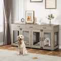 71 in Dog Crate Furniture for 2 Dogs, Wooden Double Dog Crate with 3 Drawers and Removable Room Divider, XXL Indoor Dog Kennel TV Stand End Table with Double Doors for Large Medium Dogs, Grey