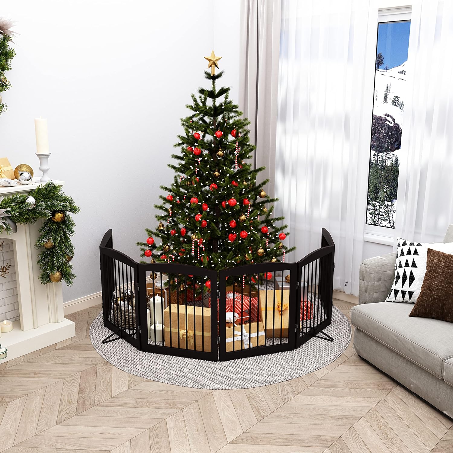 Freestanding Pet Gate for Dogs, Foldable Wooden Dog Gate for House, Extra Wide Indoor Pet Barrier for Stair, Doorway, Hall, Support Feet Included, 120 Inch Wide, 6 Panels 24", Brown