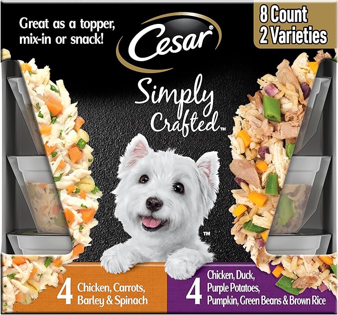 Cesar Simply Crafted Wet Dog Food Toppers for Dry Food, Chicken, Duck, Purple Potatoes, Pumpkin, Green Beans & Brown Rice, and Chicken, Carrots, Barley & Spinach Variety Pack, 1.3 oz Tubs, 8 Count
