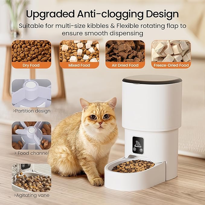 Automatic Cat Feeders - Timed Pet Feeder for Cats and Dogs with Dry Food Dispenser, APP Control Smart, 4L Grain Storage Bucket, Dual Power Supply, Programmable Portion Control (White)