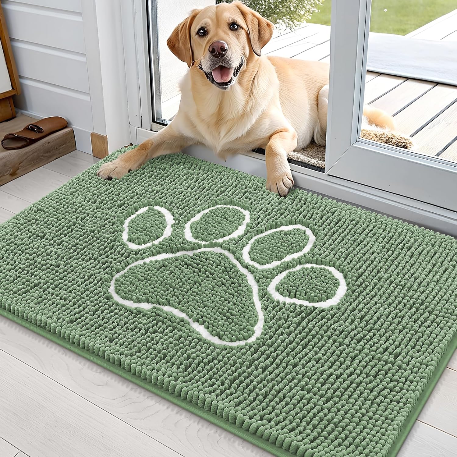 OLANLY Door Mat for Muddy Dog Paws 36x24, Absorbent Chenille Doormat with Paw Print Design, Non-Slip Washable Doormat for Indoor Entryway, Quick-Dry Pet Bed Mats for Dirty Dogs, Olive Green and White