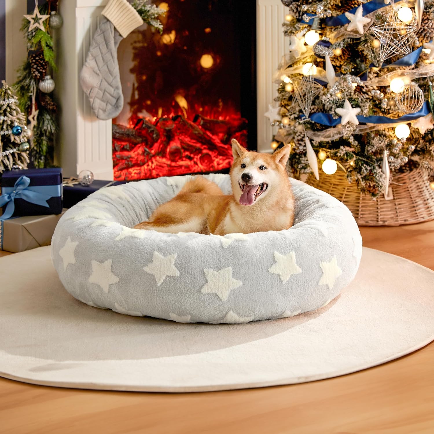LE SURE Donut Large Dog Bed - Round Cat Beds for Indoor Cats Anti-Anxiety Calming Pet Beds, Washable Cute Modern Beds with Teddy Sherpa Plush & Anti Slip Bottom, 36 Inch, Galaxy Grey