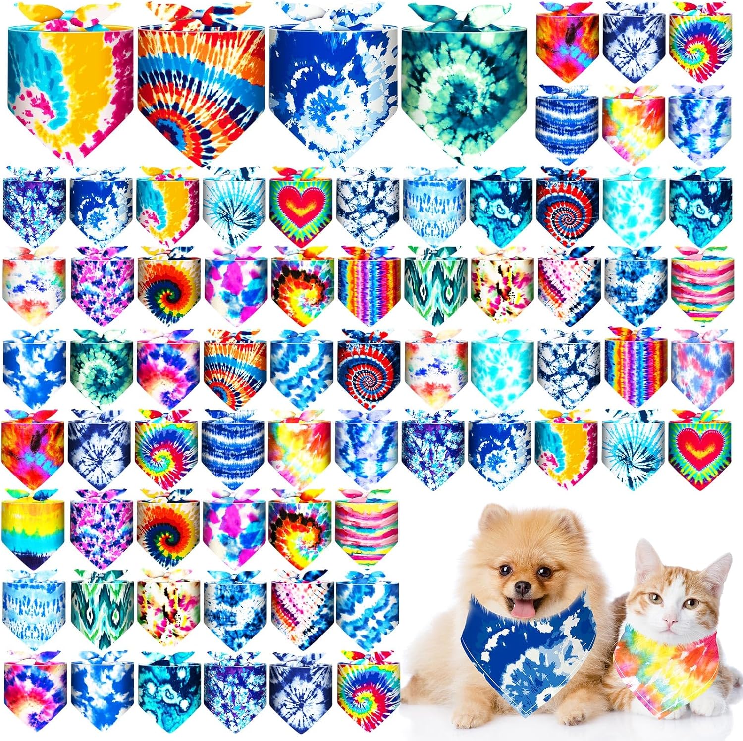 Reginary 72 Pack Tie Dye Dog Bandanas - Bulk Pet Scarf Bibs Triangle Kerchief Adjustable for Pet Grooming Costume Accessories