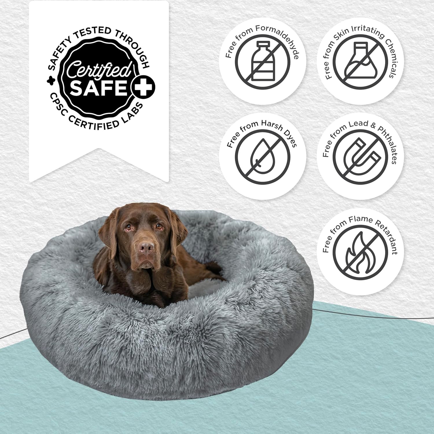 Best Friends by Sheri Original Calming Donut Dog and Cat Bed, Shag Faux Fur, Gray, (36in x 36in) - Anxiety Relief for Pets Up to 100 lbs