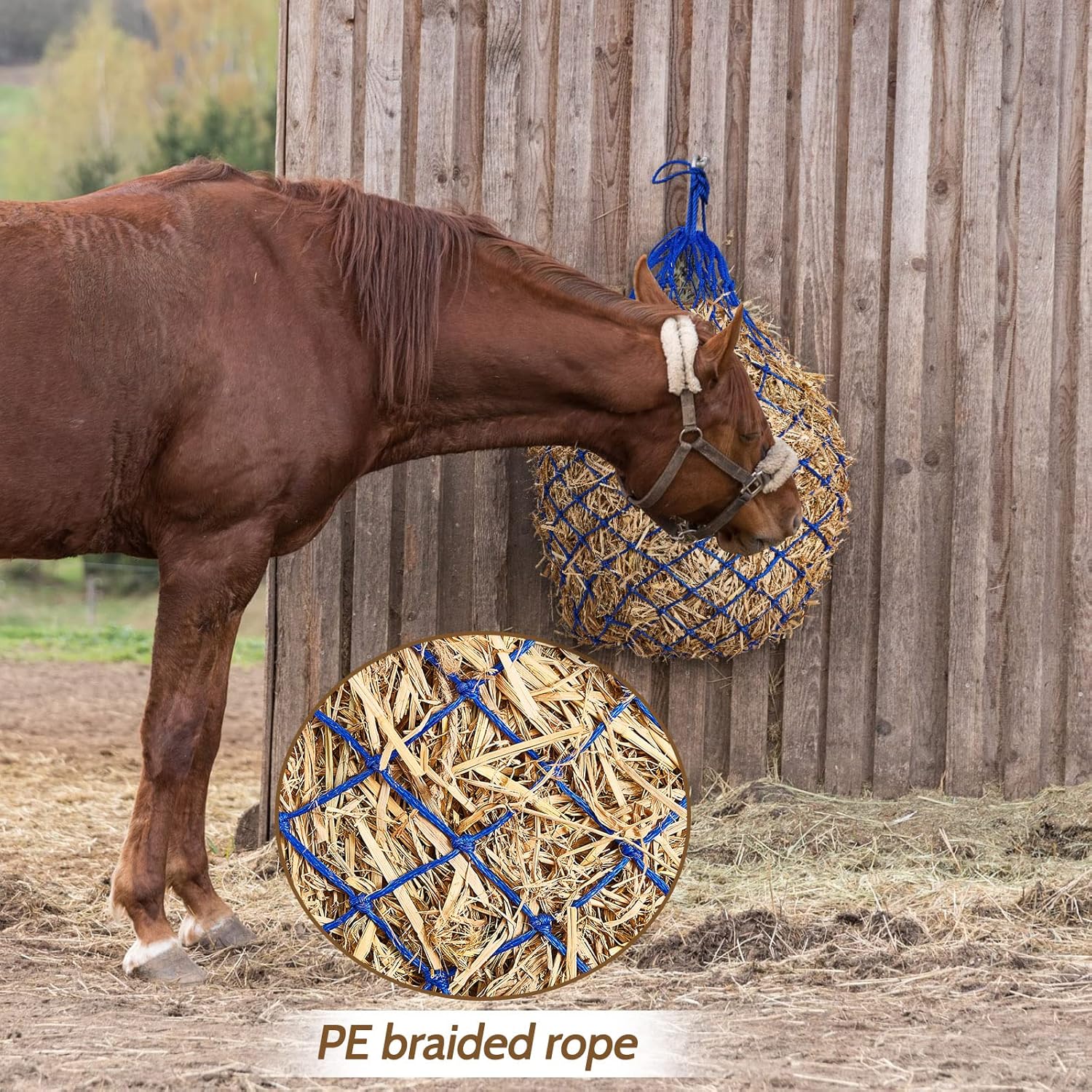 Fabbay 4 Pcs Slow Feed Hay Net Feeder Hay Bag for Horses Slow Feeder 40 Inch Length with 2 Inch Holes Hanging Horse Feed Net for Goat Cattle Equine Stalls Barn Supplies(Blue)