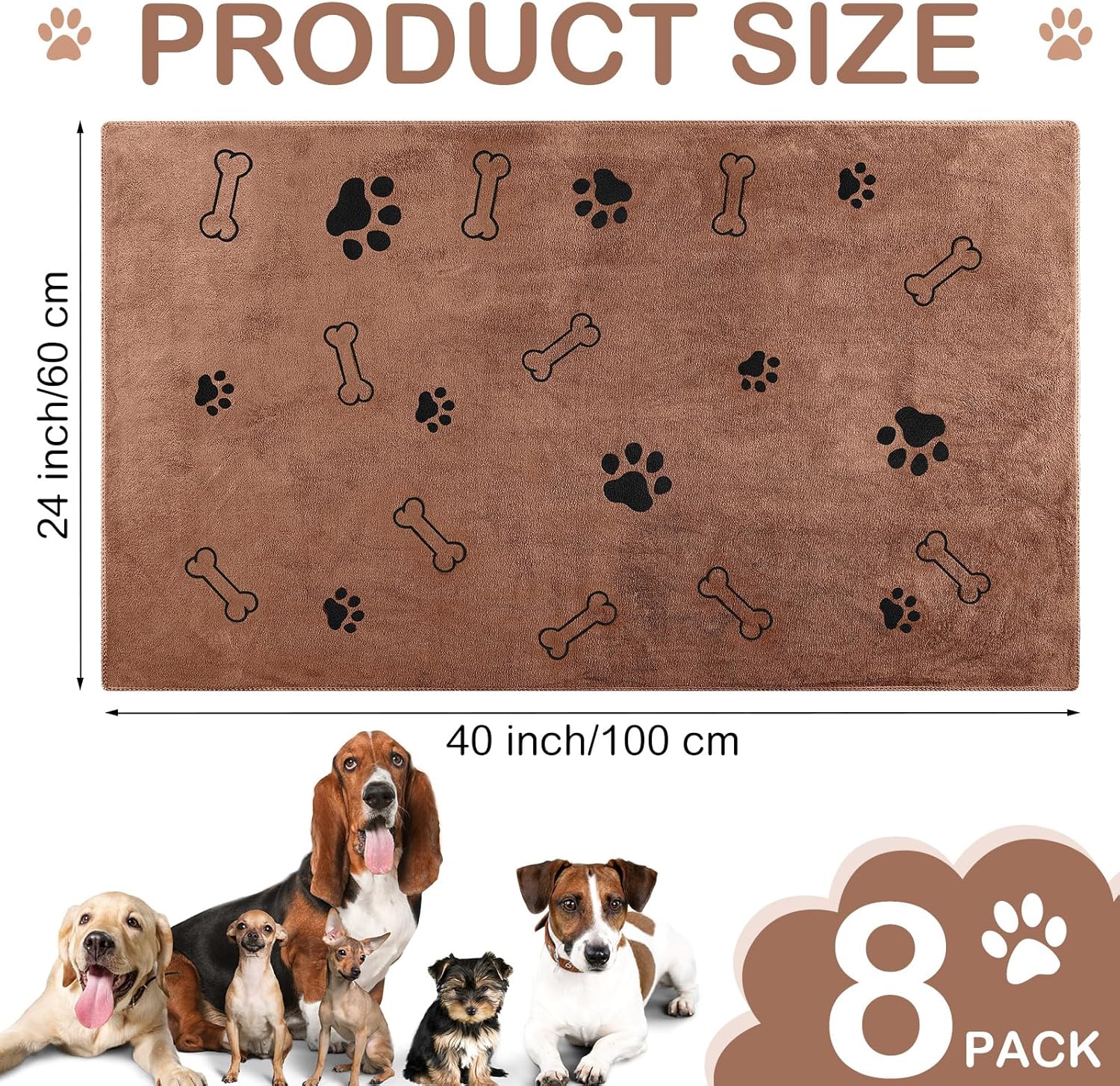 Chumia 8 Pcs Dog Towels for Drying Dogs Cats Pet Towels Bulk Puppy Microfiber Quick Drying Paw Bath Bathing Supplies Absorbent for Medium Pets(Coffee,40 x 24 Inch)