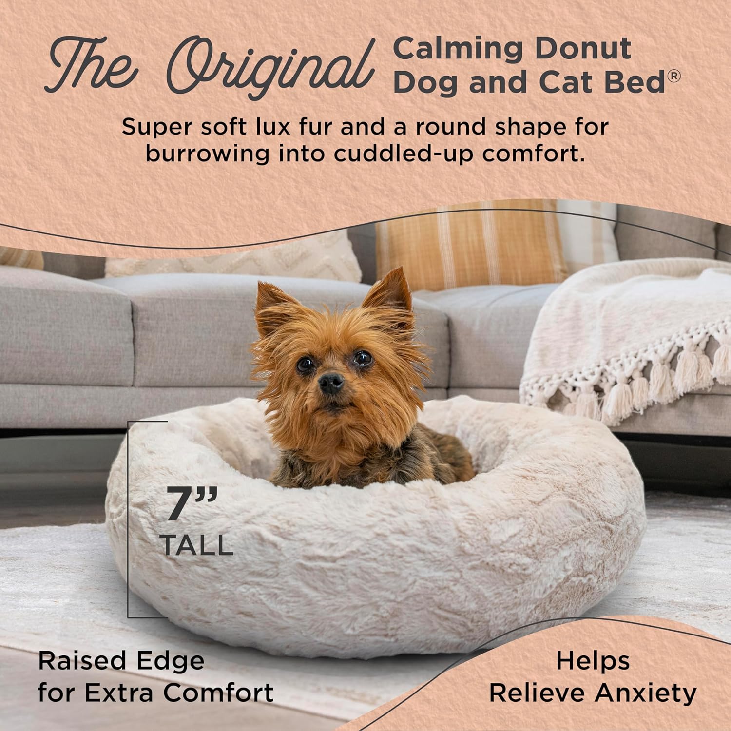 Best Friends by Sheri Original Calming Donut Dog and Cat Bed, Lux Faux Fur, Oyster, XS (18in x 18in) - Anxiety Relief for Pets Up to 10 lbs