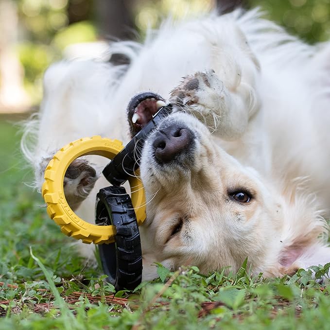 Tonka 3-Ring Tug Outdoor Dog Toy, 10.5 Inch Ring Dog Tug Toy for Medium and Large Breeds, Black/Yellow