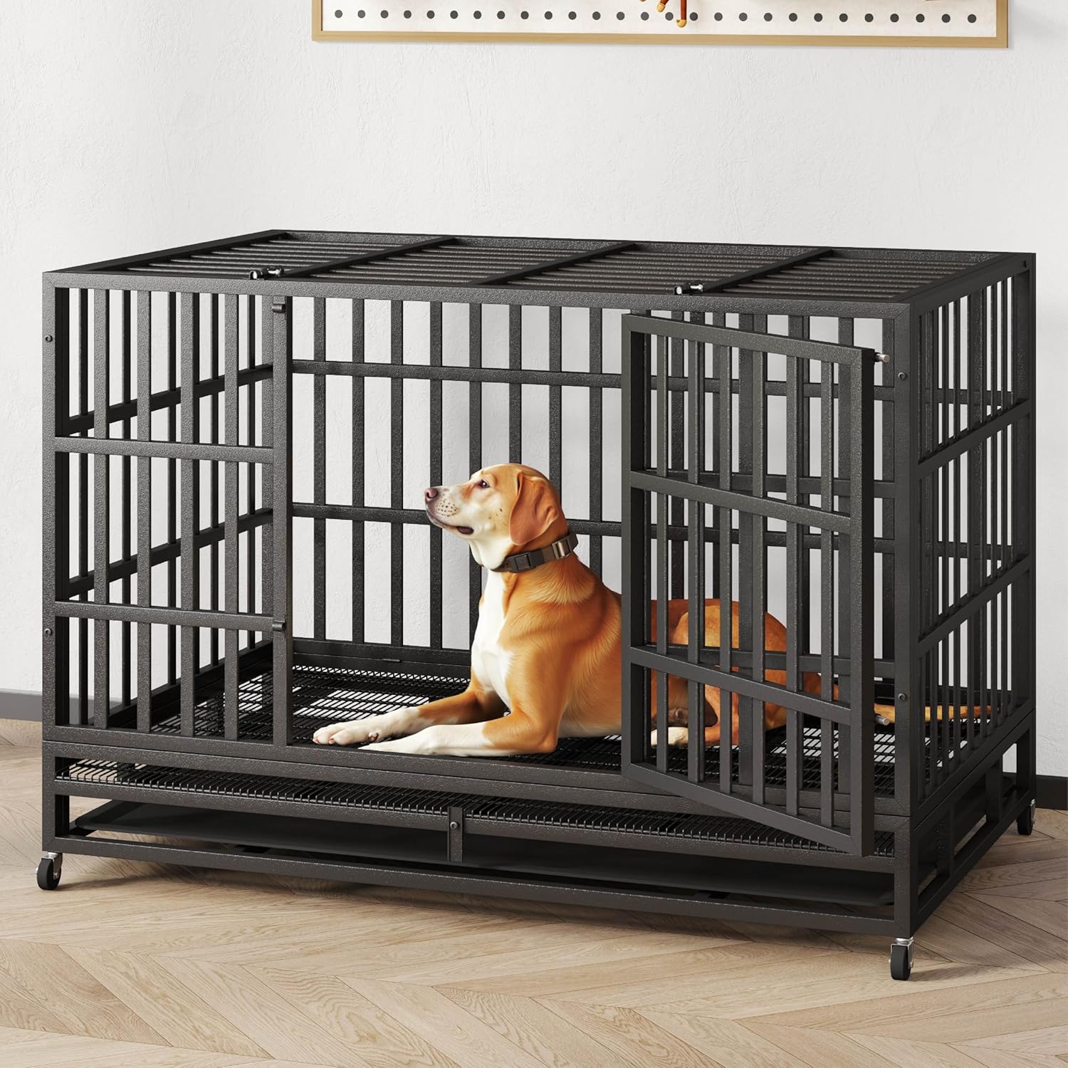 48/42/38 Inch Heavy Duty Indestructible Dog Crate,Escape Proof Dog Cage Kennel for Small Medium Dogs Indoor Double Door Dog Crate with Wheels, Lock& Removable Tray