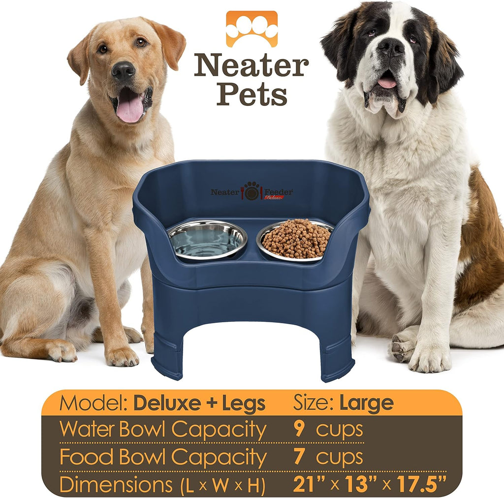 Neater Feeder Deluxe Mess Proof Dog Bowls Elevated for Large Dogs – Made in USA – No Spill Raised Dog Food Bowl Stand w/Leg Extensions – Stainless Steel Food and Water Bowl Set – Dark Blue
