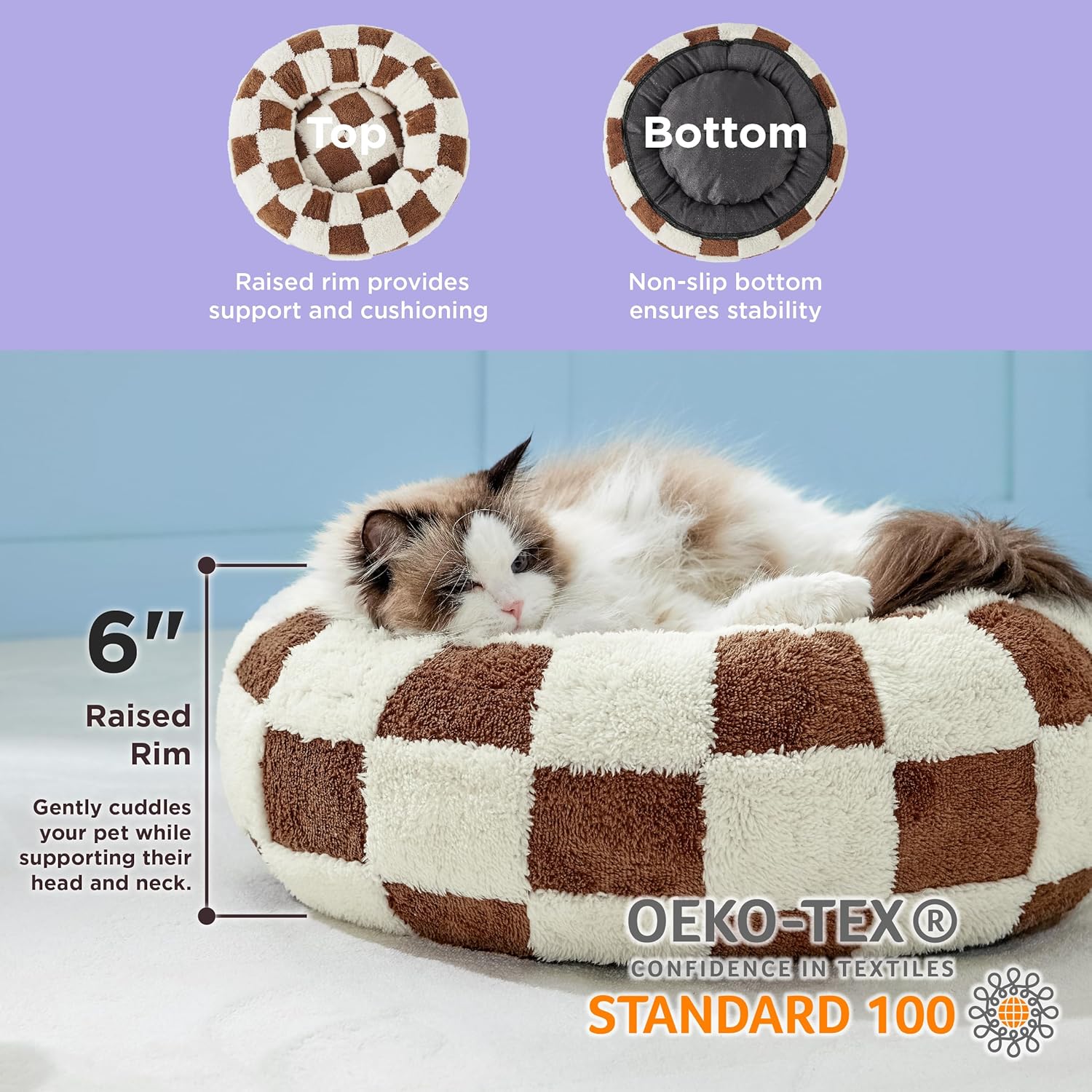 LE SURE Donut Small Dog Bed - Round Cat Bed for Indoor Cats with Anti-Anxiety Calming Teddy Sherpa Plush & Anti Slip Bottom Brown