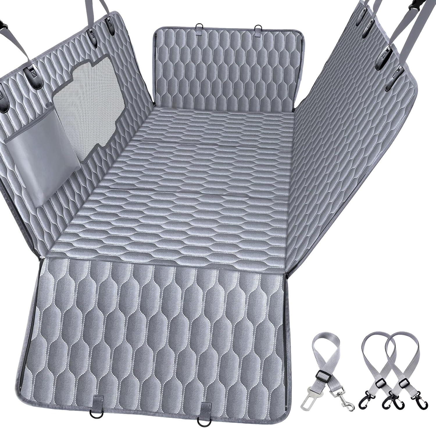 Back Seat Extender for Dogs-Supports 400lb,Waterproof Dog Car Seat Cover Hard Bottom-Detachable,600D Heavy Duty Scratch Proof Nonslip Soft,Dog Hammock for Car,SUVs-Grey