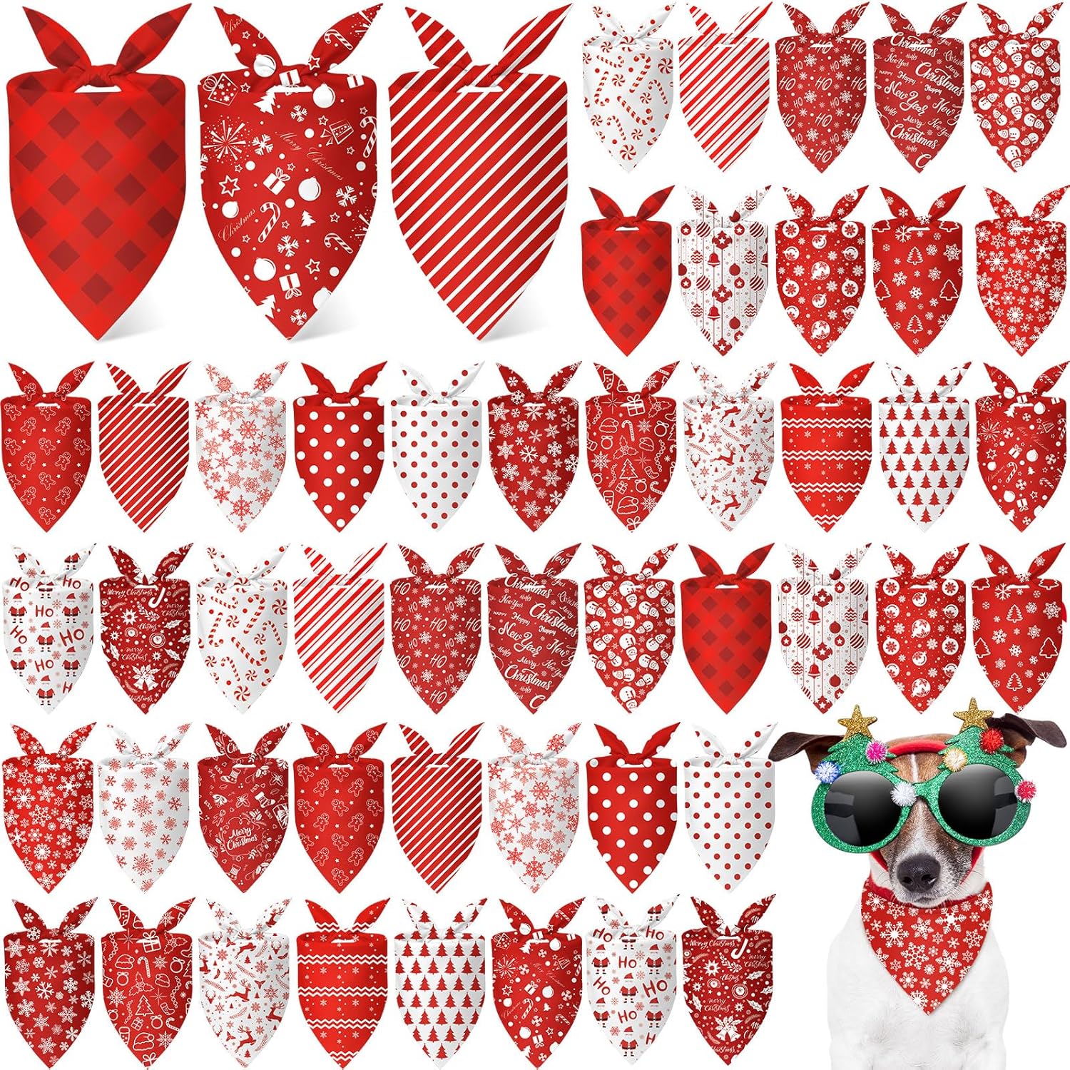 Abbylike 50 Pcs Christmas Dog Bandanas Bulk Xmas Red and White Bandanas for Dogs Triangle Kerchief Bibs Scarf Set for Pet Christmas Costume Photo Props Accessories Pet Shops (25.6 x 17.7 x 17.7)