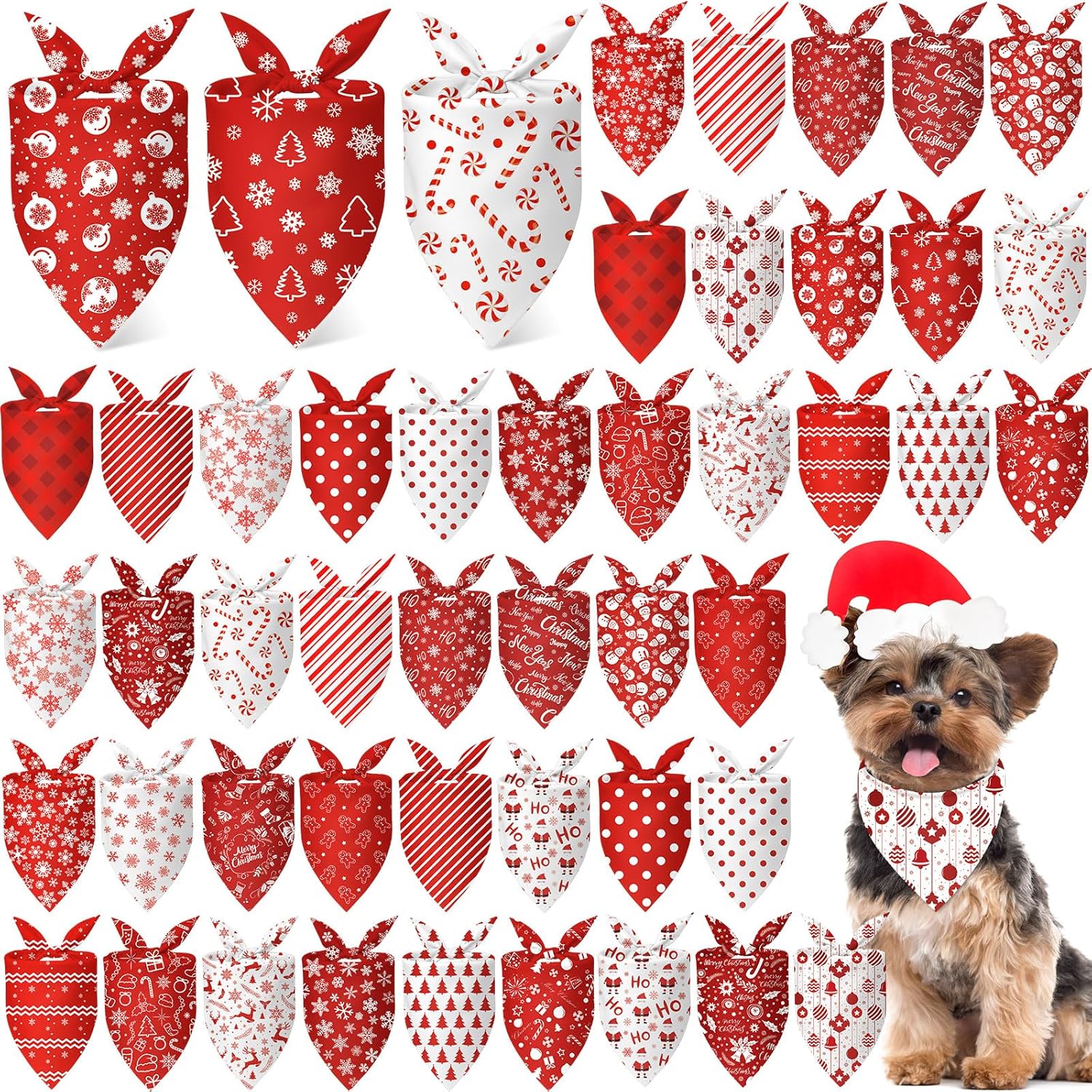 Abbylike 50 Pcs Christmas Dog Bandanas Bulk Xmas Red and White Bandanas for Dogs Triangle Kerchief Bibs Scarf Set for Pet Christmas Costume Photo Props Accessories Pet Shops (19.7 x 13.8 x 13.8)
