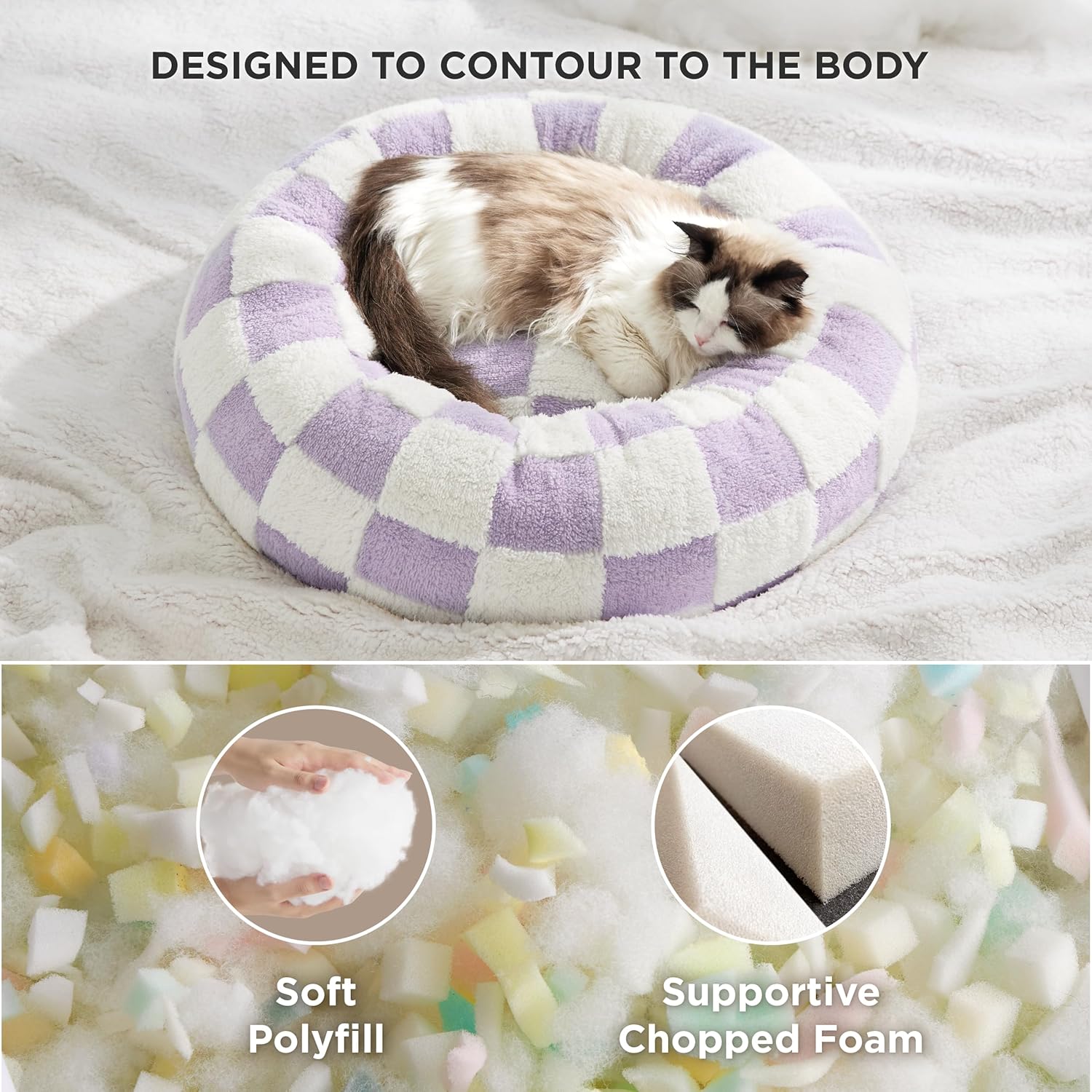 LE SURE Cat Beds for Indoor Cats - Round Cat Bed Donut Small Dog Bed Calming Pet Beds, Cute Modern Beds with Jacquard Shaggy Plush & Anti Slip Bottom, 20 Inch, Purple