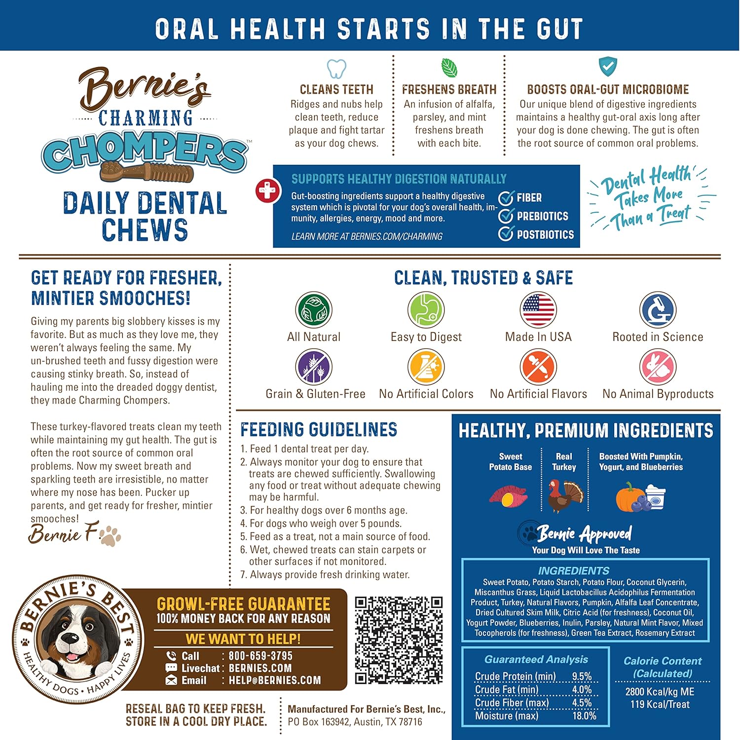 Bernie's Charming Chompers - Daily Dental Chews for Dogs 26-50 Lbs. - 36 Count - Cleans Teeth, Freshens Breath, + Boosts Oral-Gut Microbiome. Easy to Digest, Supports Healthy Digestion Naturally