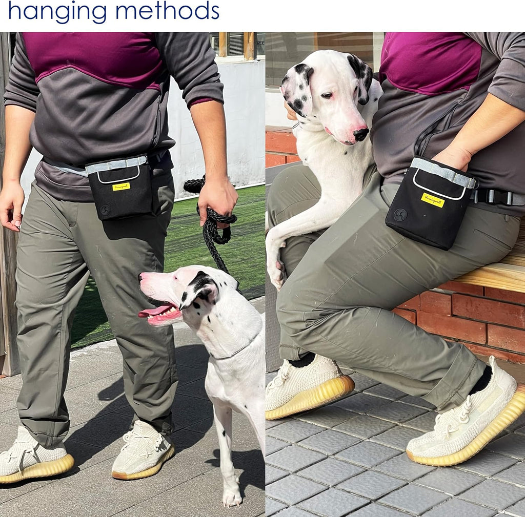 Dog Treat Pouch for Pet Walking and Training with Clicker 2 Cup Silicone Bag Small Fanny Pack Holder for Puppy Snack Dispenser Kit for Leash and Outdoor Use (Black)