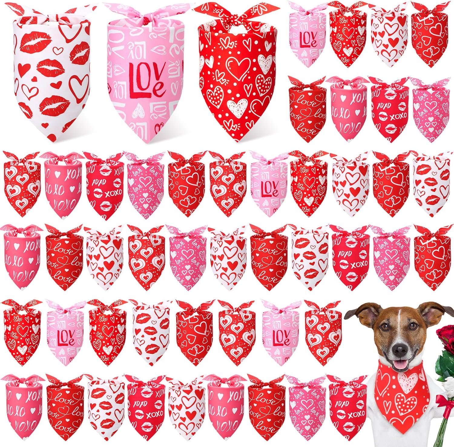Weewooday 50 Pcs Valentine Dog Bandanas Bulk for Dogs Soft Bibs Adjustable Triangle pet Bandana for Small Medium Large Costume(Heart Pattern, 19.7 x 13.8 x 13.8 Inch)