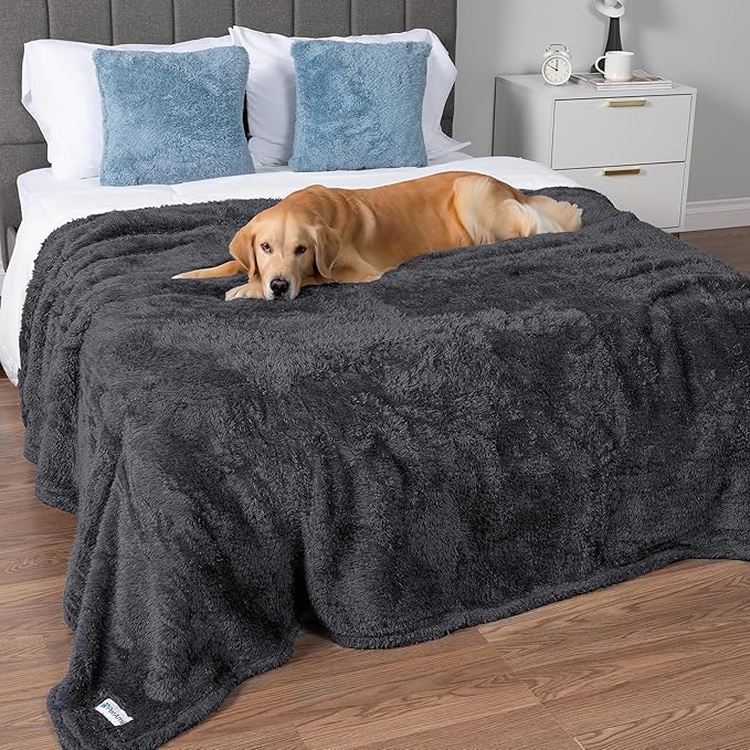 PetAmi Fluffy Waterproof Dog Blanket for Bed Large Dogs, Soft Warm Pet Sherpa Throw Pee Proof Couch Cover, Reversible Cat Blanket Sofa Crate Kennel Protector, Washable Mat (Grey, 60x80)