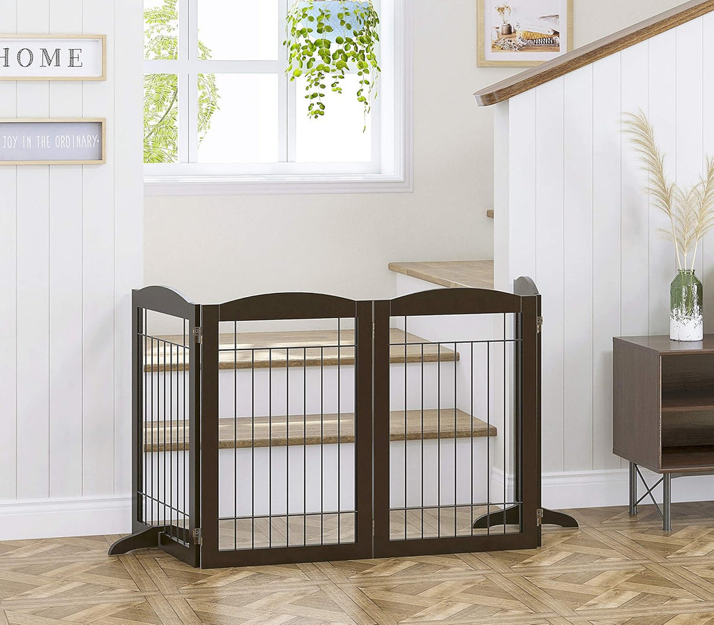 Spirich Freestanding Wire Pet Gate for Dogs, 30 inches Tall Dog Gate for The Houes, Doorway, Stairs, Pet Puppy Safety Fence,Set of Support Feet Included (Espresso, 4 Panels) ASIN: B07T8Z8NKL