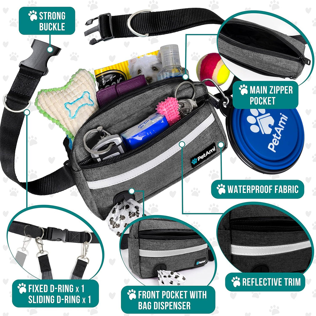 PetAmi Hands Free Dog Leash, Dog Running Leash Belt for Walking, Jogging, Dog Waist Zipper Pouch with Poop Bag Dispenser, Dual Padded Handles, Reflective Durable Bungee Leash, Single, Charcoal Grey