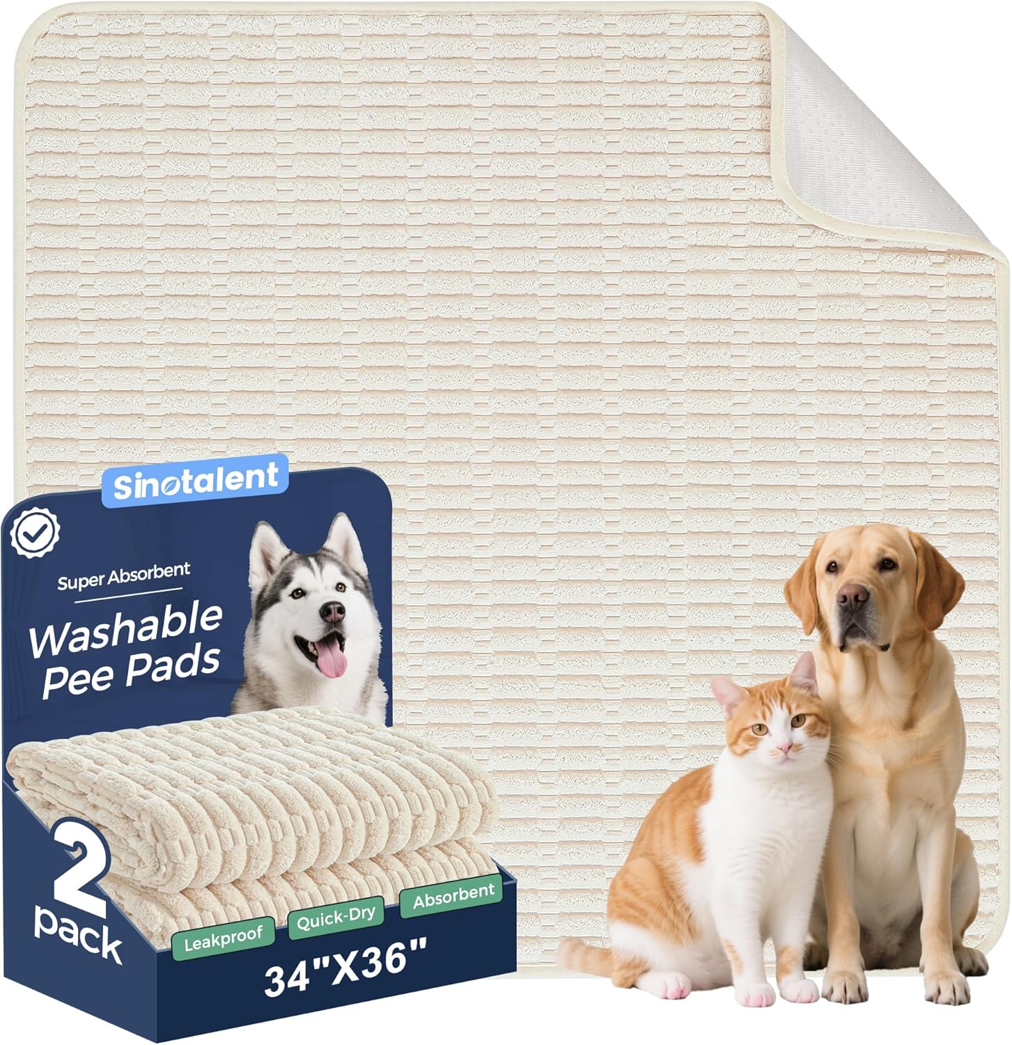 Washable Pee Pads for Dogs, 2 Pack Reusable Puppy Pads Dog Pads, Non-Slip Dog Pee Pads, Leakproof Pet Pee Pads Wee Wee Pads for Dogs. (Cream White, 34"x36"(Pack of 2))