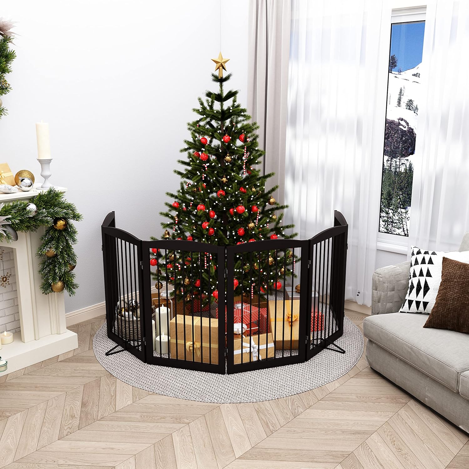 Freestanding Pet Gate for Dogs, Indoor Wooden Foldable Dog Gate for House, Extra Wide, Pet Fence for Stairs, Doorways, Halls, Support Feet Included, 120 Inch Wide, 6 Panels 32",Brown