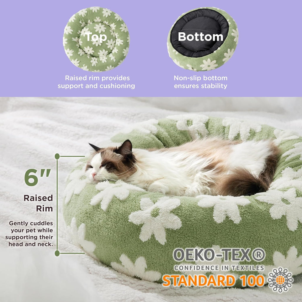 LE SURE Donut Small Dog Bed - Round Cat Beds for Indoor Cats Calming Pet Beds, Cute Modern Beds with Jacquard Shaggy Plush & Anti Slip Bottom, 20 Inch, Green,XS (20x20x6)
