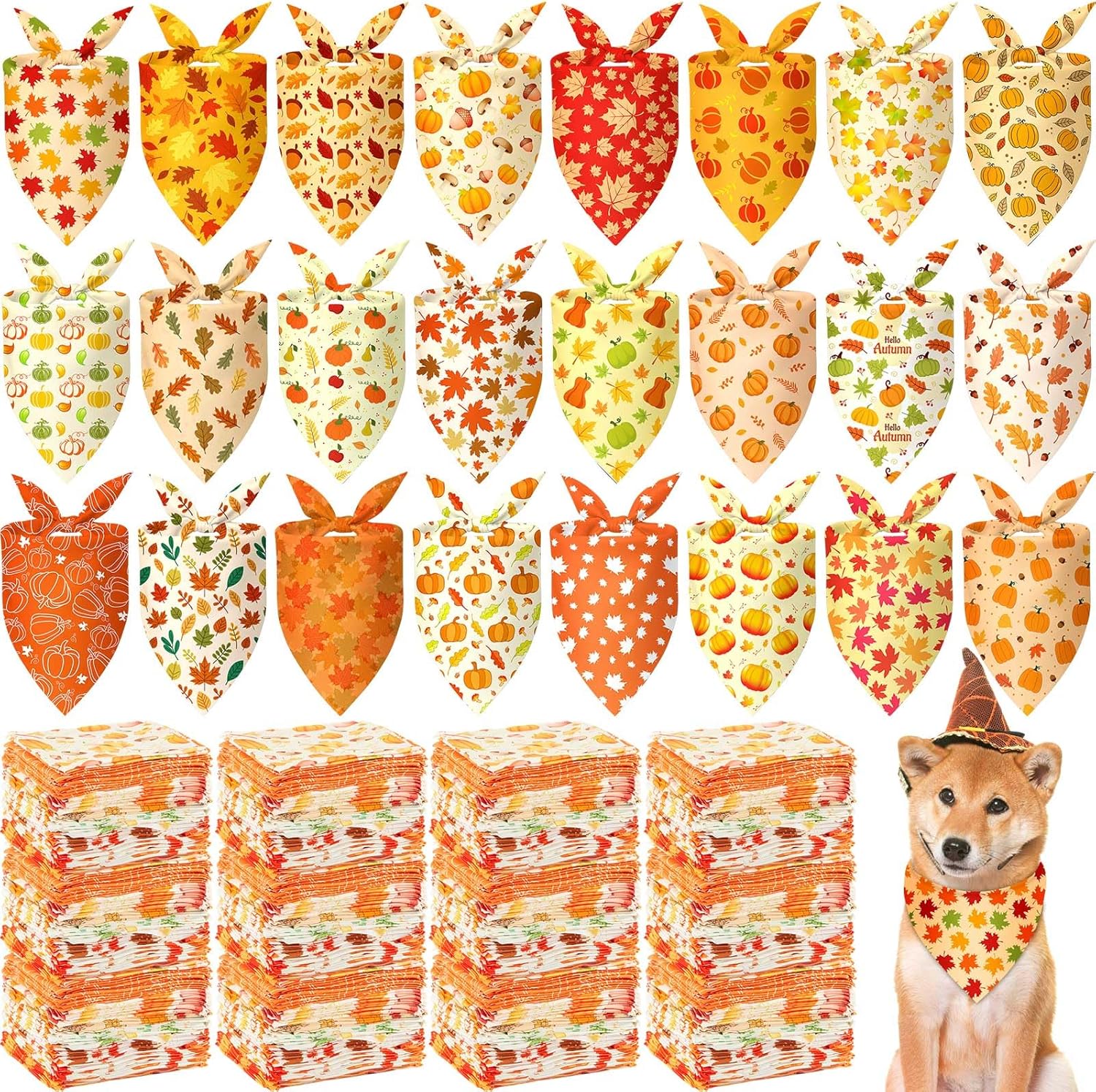 500 Pcs Fall Bandanas for Dogs Autumn Dog Bandanas with Maple Leaves Pumpkin Patterns Soft Bibs Adjustable Triangle Doggie Scarf for Small Medium Large Pet Costume 25.6 x 17.7 x 17.7 Inch